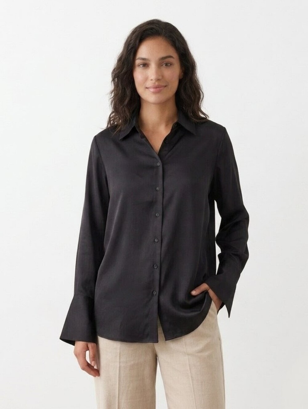 JARBO 100% Silk Oversized Long Sleeve Button Down Blouse Black - Size 0